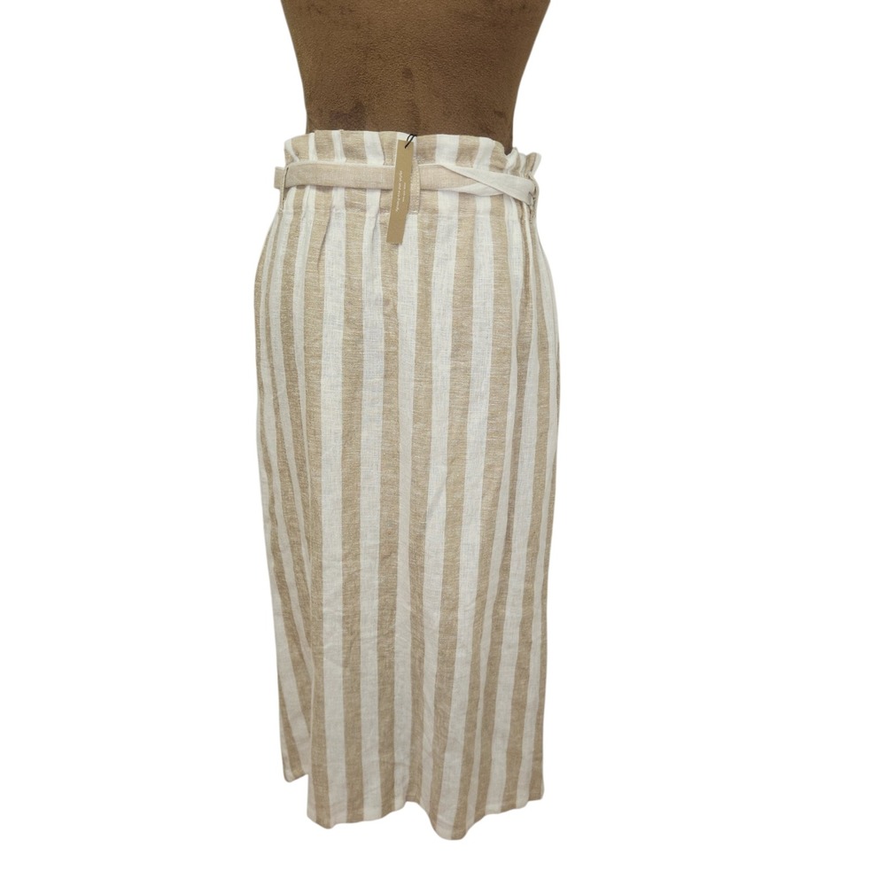 Love Tree Linen Blend Striped Midi Skirt Tan White Paperbag Waist Button Front M - Picture 3 of 8